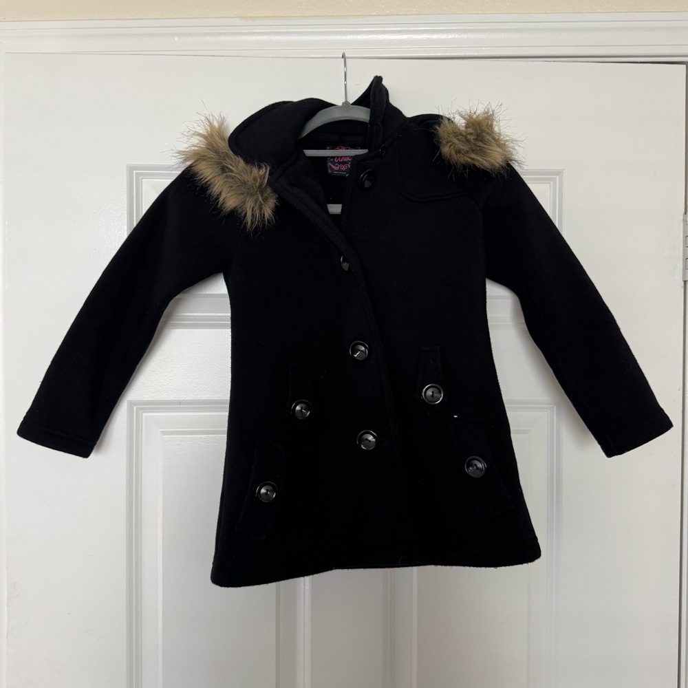 Chic Black Kids Pea Coat with Faux Fur Trim